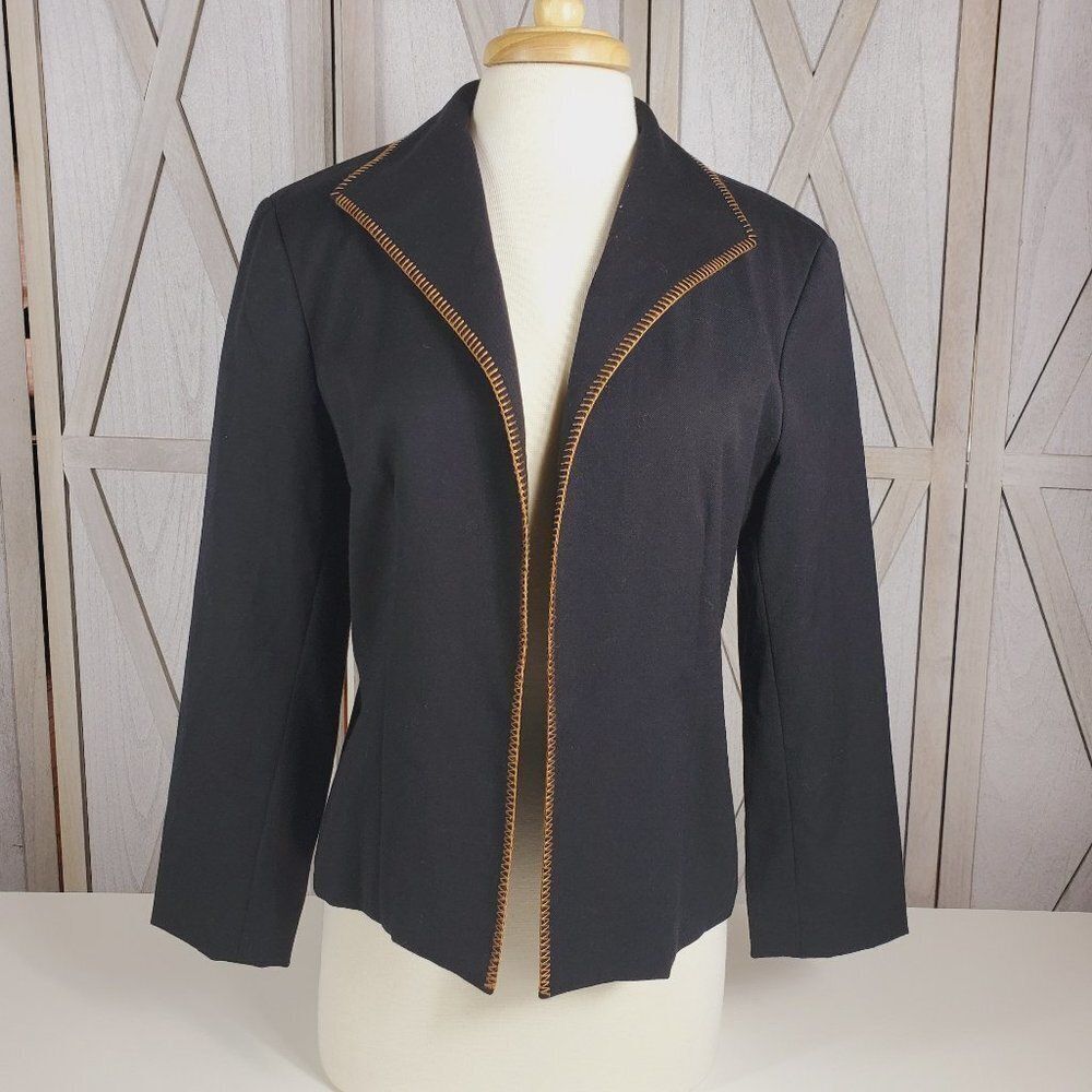 Harve Benard  Fully Lined Black Wool Blazer With Brown Trim Sz 12